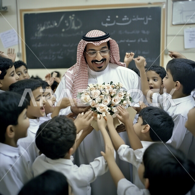 مجموعة من الطلاب يقدمون الورد لمعلمهم, التعليم المتطور في مدارس المملكة, معلم عربي خليجي سعودي يرتدي الثوب التقليدي ويضع الشماغ و النظارات الطبية, الاحتفال بالأعياد والمناسبات الرسمية, خلق جو من الألفة والمحبة بين المدرسة والطالب والمعلم
