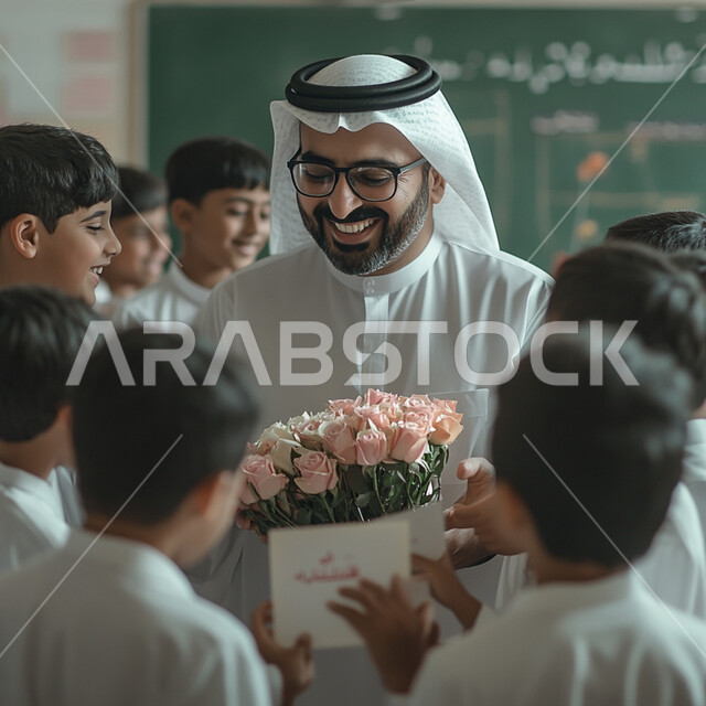 مجموعة من الطلاب يقدمون الورد لمعلمهم, التعليم المتطور في مدارس المملكة, معلم عربي خليجي سعودي يرتدي الثوب التقليدي ويضع الغترة و النظارات الطبية, الاحتفال بالأعياد والمناسبات الرسمية, خلق جو من الألفة والمحبة بين المدرسة والطالب والمعلم