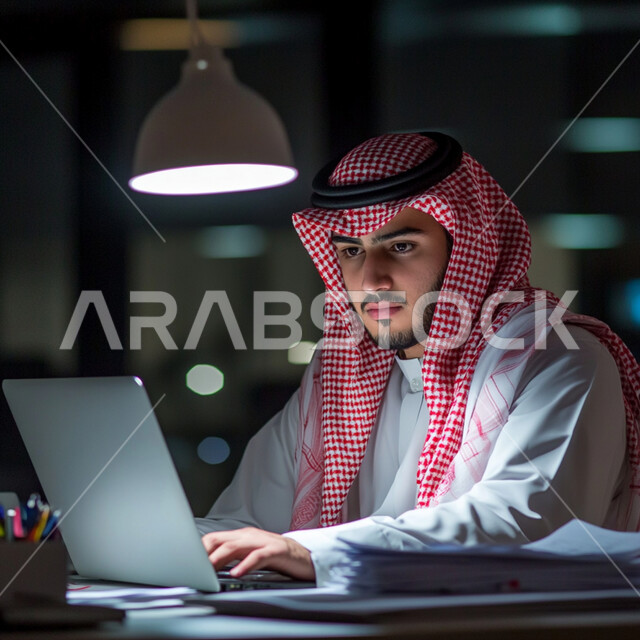 إدارة شؤون الأعمال وتنظيمها عبر الاجهزة التقنية، مهن ووظائف ادارية مكتبية، دمج العمل مع التقنية والتكنولوجيا، رجل اعمال عربي خليجي سعودي يرتدي الثوب ويضع الشماغ والعقال, العمل على الحاسوب المحمول داخل المكتب