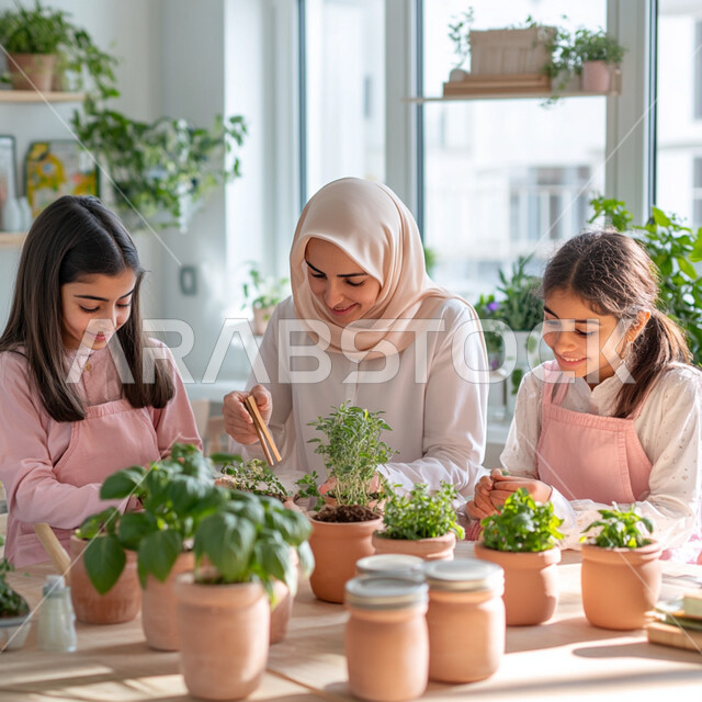  الشعور بالفرح والسرور، الاهتمام في تعليم الزراعة للابناء, سيدة عربية خليجية سعودية ترتدي الحجاب تقوم بقضاء وقت ممتع مع بناتها, تعلم الانشطة الترفيهية مع افراد الاسرة, مفهوم المشاركة و التعاون مع الاطفال