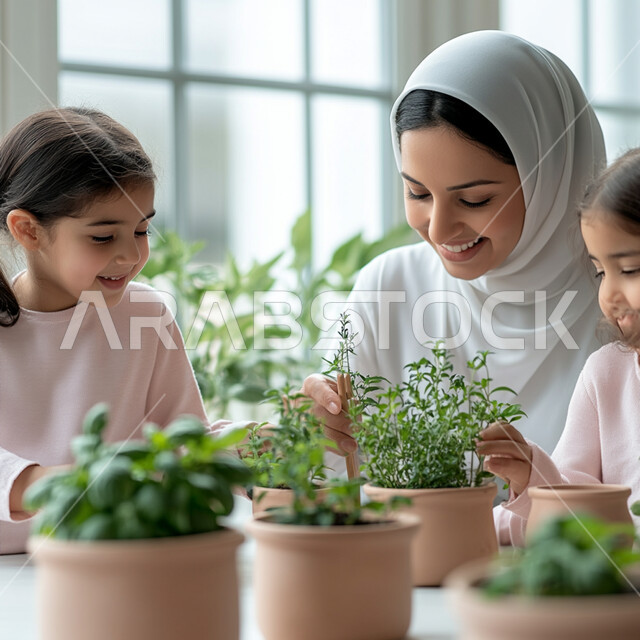  الشعور بالفرح والسرور، الاهتمام في تعليم الزراعة للابناء, سيدة عربية خليجية سعودية ترتدي الحجاب تقوم بقضاء وقت ممتع مع بناتها, تعلم الانشطة الترفيهية مع افراد الاسرة, مفهوم المشاركة و التعاون مع الاطفال