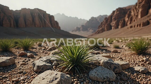 التكوينات والجبال الصخرية الطبيعية في الصحراء بالمملكة العربية السعودية، المعالم التاريخية الأثرية السياحية، الطبيعة الصحراوية في وقت النهار, النباتات الخضراء على اليابسة 