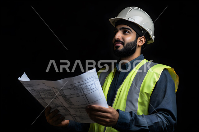 Studying the basics of the project, working in the field of structural engineering, auditing and reviewing architectural plans, a close-up portrait of a Saudi Gulf Arab engineer wearing a protective jacket and helmet, holding the construction plan in his hand and examining it, following up and supervising the progress of work, managing engineering projects, black background