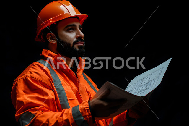 Studying the basics of the project, working in the field of structural engineering, auditing and reviewing architectural plans, a close-up portrait of a Saudi Gulf Arab engineer wearing a protective jacket and helmet, holding the construction plan in his hand and examining it, following up and supervising the progress of work, managing engineering projects, black background