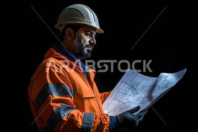 Studying the basics of the project, working in the field of structural engineering, auditing and reviewing architectural plans, a close-up portrait of a Saudi Gulf Arab engineer wearing a protective jacket and helmet, holding the construction plan in his hand and examining it, following up and supervising the progress of work, managing engineering projects, black background