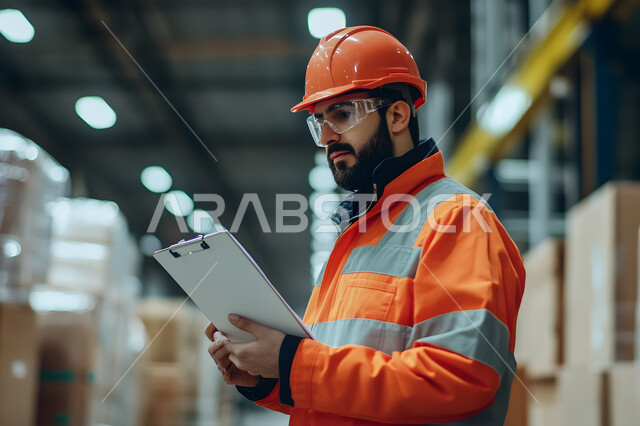 تدقيق ومراجعة المخططات المعمارية، دراسة أساسيات المشروع، العمل في مجال الهندسة الإنشائية، صورة مقربة لمهندس عربي خليجي سعودي يرتدي سترة وخوذة الحماية يحمل بيده مخطط الإعمار ويقوم بتفحصه، متابعة سير الأعمال والإشراف عليها، إدارة المشاريع الهندسية