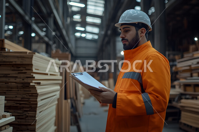 تدقيق ومراجعة المخططات المعمارية، دراسة أساسيات المشروع، العمل في مجال الهندسة الإنشائية، صورة مقربة لمهندس عربي خليجي سعودي يرتدي سترة وخوذة الحماية يحمل بيده مخطط الإعمار ويقوم بتفحصه، متابعة سير الأعمال والإشراف عليها، إدارة المشاريع الهندسية