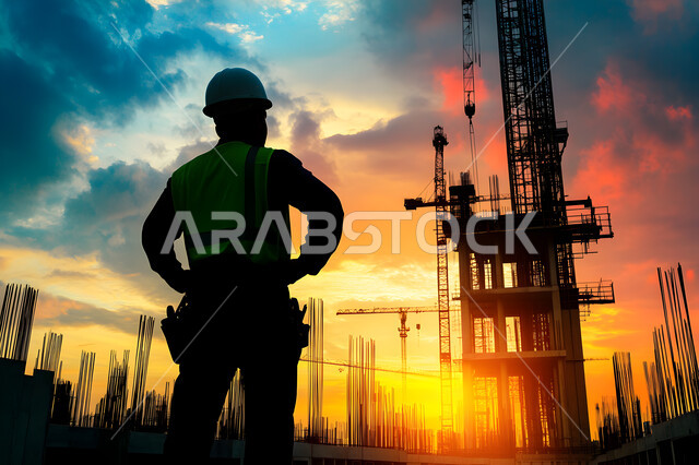 مفهوم إنتاجية الغاز في المملكة العربية السعودية,  متابعة سير الاعمال في المصانع ،صورة ظلية مقربة من الخلف لمهندس عربي خليجي سعودي يرتدي الخوذة وسترة الحماية يقف امام خطوط الأنابيب وقت غروب الشمس، خلفية مصنع تكرير النفط
