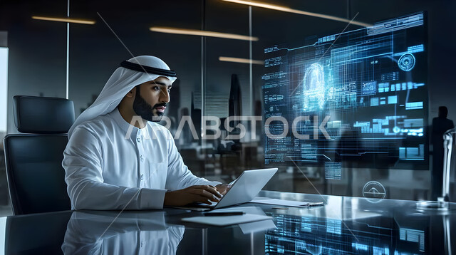 الجلوس بتعابير الثقة بالنفس, صورة مقربة لرجل اعمال عربي خليجي سعودي يرتدي الثوب مع الغترة يجلس على المكتب يعمل على الحاسب المحمول وامامه شاشة  هولوجرامية مضيئة ضخمة, دمج التقنية المتطورة مع العمل