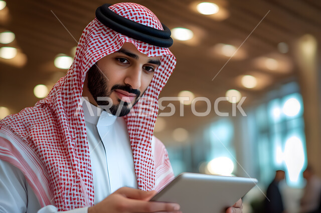 إجراء مقابلات عمل أونلاين, استخدام الأجهزة والتقنيات الحديثة لتسهيل الأعمال, صورة مقربة لرجل أعمال عربي سعودي خليجي يرتدي الثوب التقليدي والشماغ يحمل بيده جهاز التابليت، مهن ووظائف سعودية، ايماءات وتعابير التركيز والاندماج