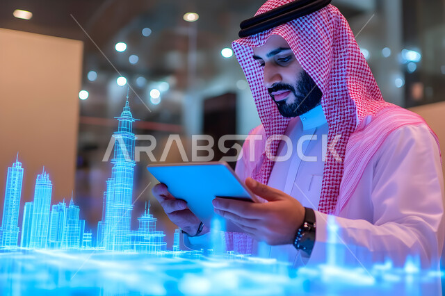 إجراء مقابلات عمل أونلاين, استخدام الأجهزة والتقنيات الحديثة لتسهيل الأعمال, صورة مقربة لرجل أعمال عربي سعودي خليجي يرتدي الثوب التقليدي والشماغ يحمل بيده جهاز التابليت، الابراج الزرقاء بتقنية الهولوجرام, مهن ووظائف سعودية، ايماءات وتعابير التركيز والاندماج