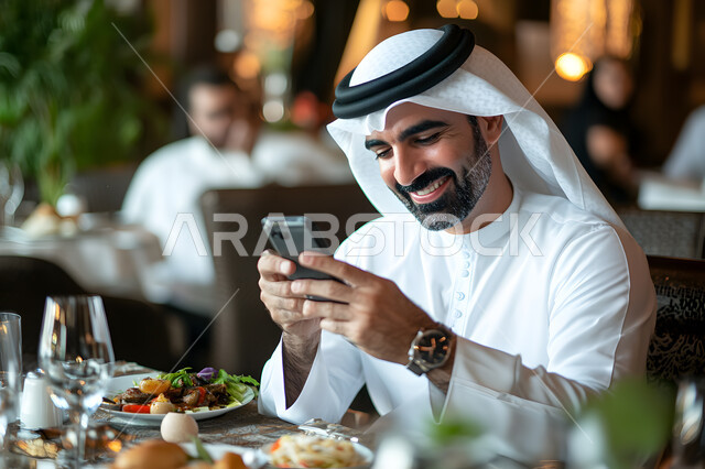 قضاء الأوقات الممتعة في المطعم, استخدام الأجهزة التقنية الحديثة في الحياة اليومية, رجل عربي خليجي سعودي يرتدي الثوب و الغترة البيضاء يجلس على المائدة و يمسك الهاتف المحمول بيده, مطاعم و كافيهات في المملكة العربية السعودية