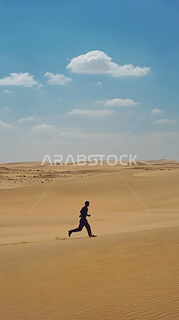 Sand formations and formations, a young man walking quickly in the desert of the Kingdom of Saudi Arabia, plateaus, hills and soft golden sand in the prairies, desert regions and the desert natural environment, famous natural tourist places.