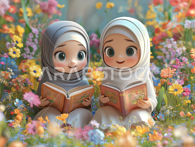  رسم توضيحي لفتاتان صغيرتان ترتديان الحجاب تقرآن كتابًا في حديقة مليئة بالزهور في المملكة العربية السعودية, رموز اسلامية دينية, ايماءات السعادة والسرور
