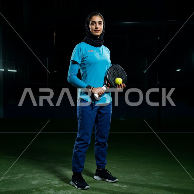 النظر إلى الكاميرا إيماءات تدل على السعادة، المحافظة على أسلوب الحياة الصحي، التدرب على إتقان لعبة البادل، أنشطة ترفيهية ورياضات نسائية، صورة للاعبة بادل عربية خليجية سعودية محجبة ترتدي الملابس الرياضية تمسك بيدها المضرب والكرة