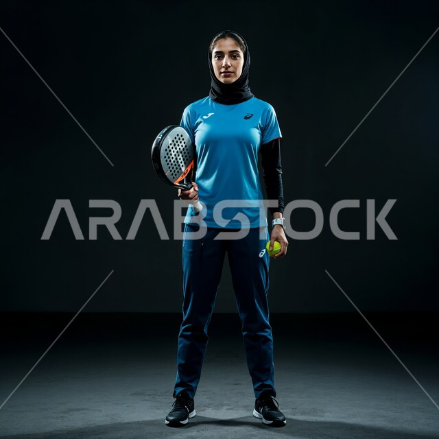 Looking at the camera is gestures that indicate happiness, maintaining a healthy lifestyle, training to master the game of padel, recreational activities and women’s sports, a picture of a veiled Saudi Arabian Gulf padel player wearing sports clothes, holding a racket and ball in her hand.