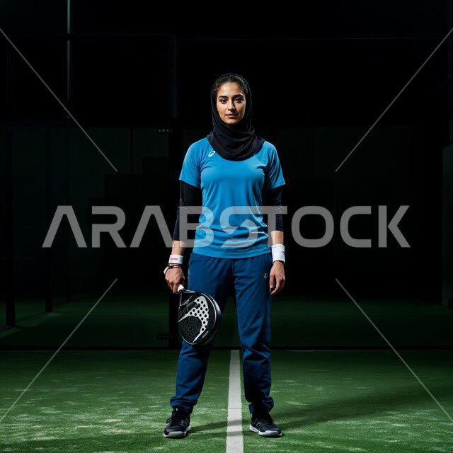 Looking at the camera is gestures that indicate happiness, maintaining a healthy lifestyle, training to master the game of padel, recreational activities and women’s sports, a picture of a veiled Saudi Arabian Gulf padel player wearing sports clothes, holding a racket and ball in her hand.