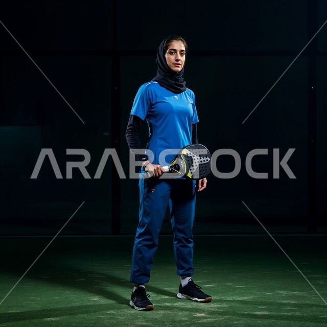 النظر إلى الكاميرا إيماءات تدل على السعادة، المحافظة على أسلوب الحياة الصحي، التدرب على إتقان لعبة البادل، أنشطة ترفيهية ورياضات نسائية، صورة للاعبة بادل عربية خليجية سعودية محجبة ترتدي الملابس الرياضية تمسك بيدها المضرب والكرة