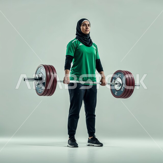 النظر إلى الكاميرا إيماءات تدل على السعادة، المحافظة على أسلوب الحياة الصحي، التدرب على إتقان رفع الاوزان، أنشطة ترفيهية ورياضات نسائية، بورتريه للاعبة عربية خليجية سعودية محجبة ترتدي الملابس الرياضية تحمل الاثقال, صورة الجسم بالطول الكامل, خلفية بيضاء