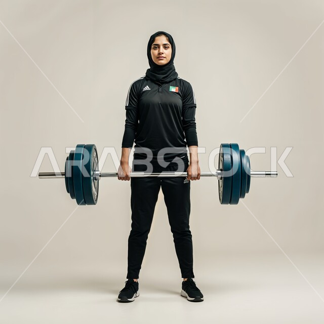 Looking at the camera, gestures that indicate happiness, maintaining a healthy lifestyle, training to master weight lifting, recreational activities and women’s sports, portrait of a veiled Saudi Arabian Gulf athlete wearing sports clothes, carrying weights, full-length body photo, white background