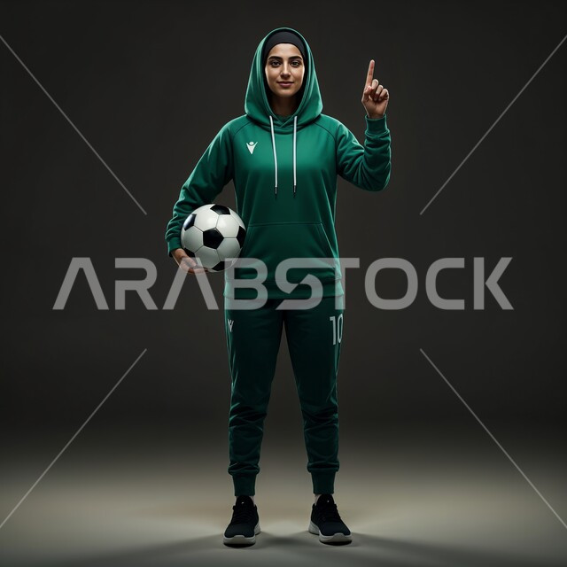 المحافظة على أسلوب الحياة الصحي، النظر إلى الكاميرا إيماءات تدل على السعادة، التدرب على لعب كرة القدم، أنشطة ترفيهية ورياضات نسائية، بورتريه للاعبة عربية خليجية سعودية محجبة ترتدي الملابس الرياضية تحمل بيدها الكرة وترفع اصبع السبابة, صورة الجسم بالطول الكامل, خلفية رمادي