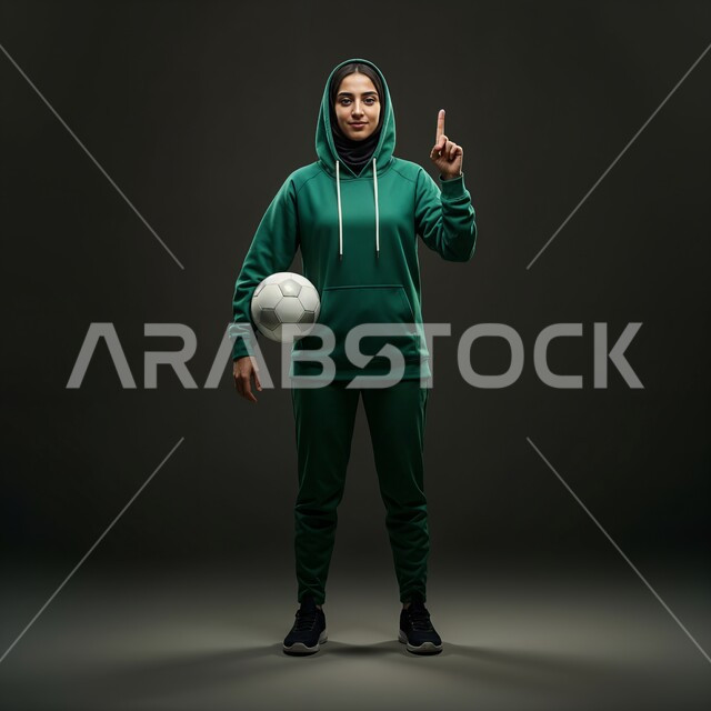 Maintaining a healthy lifestyle, looking at the camera, gestures indicating happiness, training to play football, recreational activities and women’s sports, portrait of a veiled Saudi Gulf Arab player wearing sports clothing, holding a ball in her hand, full-length body portrait, gray background