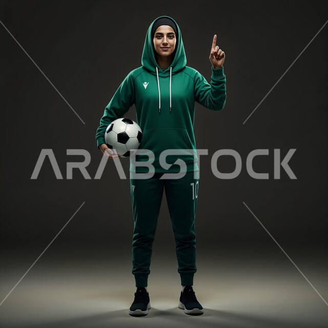 المحافظة على أسلوب الحياة الصحي، النظر إلى الكاميرا إيماءات تدل على السعادة، التدرب على لعب كرة القدم، أنشطة ترفيهية ورياضات نسائية، بورتريه للاعبة عربية خليجية سعودية محجبة ترتدي الملابس الرياضية تحمل بيدها الكرة وترفع اصبع السبابة, صورة الجسم بالطول الكامل, خلفية رمادي