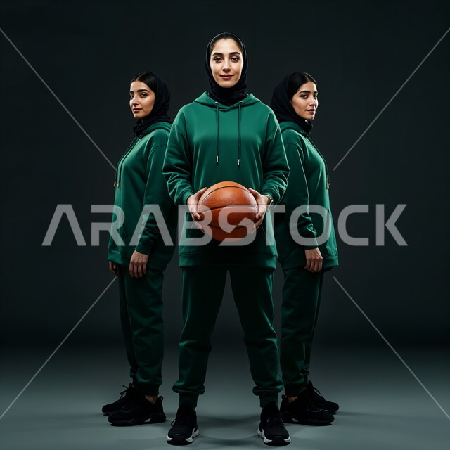 A healthy lifestyle, doing sports exercises, training to master basketball, maintaining physical fitness, recreational activities and women’s sports, portrait of three Saudi Gulf Arab players wearing sports clothes, full body portrait, gray background