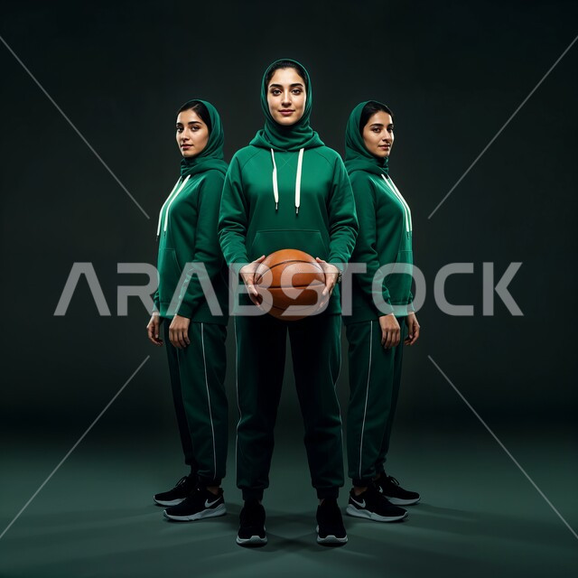 نمط حياة صحي، إجراء تمرينات رياضية، التدرب على إتقان لعب كرة السلة، المحافظة على اللياقة البدنية، أنشطة ترفيهية ورياضات نسائية، بورتريه ثلاث لاعبات عربيات خليجيات سعوديات ترتديات ملابس رياضية، صورة لكامل الجسم، خلفية رمادية