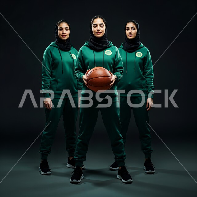 نمط حياة صحي، إجراء تمرينات رياضية، التدرب على إتقان لعب كرة السلة، المحافظة على اللياقة البدنية، أنشطة ترفيهية ورياضات نسائية، بورتريه ثلاث لاعبات عربيات خليجيات سعوديات ترتديات ملابس رياضية، صورة لكامل الجسم، خلفية رمادية