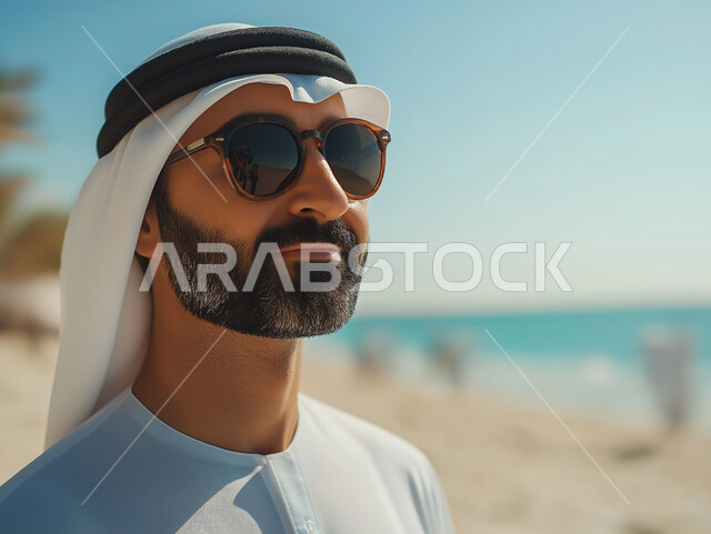 قضاء أوقات الإجازة بالترفيه والاستمتاع, التسلية بالفعاليات الصيفية الممتعة, أنشطة ترفيهية في العطلة, رجل عربي خليجي إماراتي يرتدي الغترة والكندورة الإماراتية ويضع نظارات شمسية يقف على شاطئ البحر, منتجعات شاطئية في الإمارات