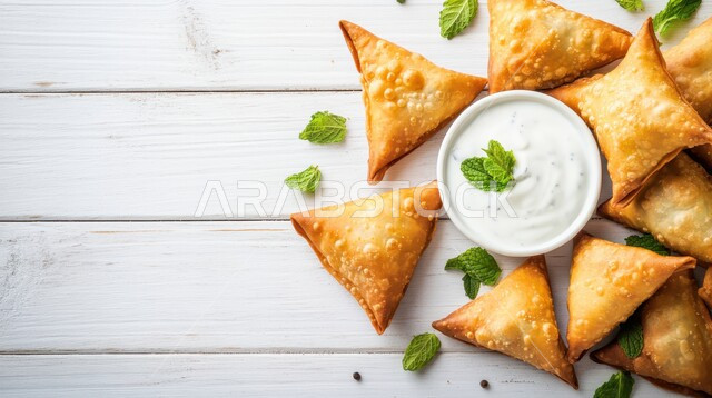 مقبلات رمضانية شهية، طبق من السمبوسك المقرمشة مع الصلصات, فطائر مقلية متنوعة الحشوات، وصفات المأكولات والأطعمة العربية الشرقية السعودية اللذيذة، أطباق في سفرة إفطار شهر رمضان المبارك