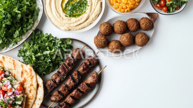 طبق من اللحم المشوي والسلطات والخبز المحمص، وجبة ذات قيمة غذائية عالية، فنون التقديم في مطاعم ومطابخ المملكة العربية السعودية، أطباق من المأكولات العربية التقليدية الشعبية، وصفات طعام شهية صحية ولذيذة