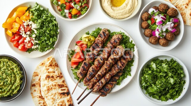 طبق من اللحم المشوي والسلطات والخبز المحمص، وجبة ذات قيمة غذائية عالية، فنون التقديم في مطاعم ومطابخ المملكة العربية السعودية، أطباق من المأكولات العربية التقليدية الشعبية، وصفات طعام شهية صحية ولذيذة