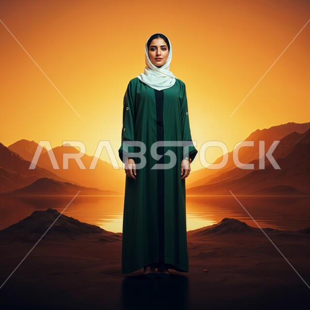 مفهوم الأنوثة والنعومة والاهتمام بالمظهر الخارجي، أزياء محجبات عصرية راقية، شابة عربية خليجية سعودية محجبة مبتسمة تضع غطاء الرأس ترتدي العباءة تنظر الى الكاميرا بإيماءات السرور والثقة بالنفس، صورة الجسم بالطول الكامل، خلفية الصحراء وقت الغروب