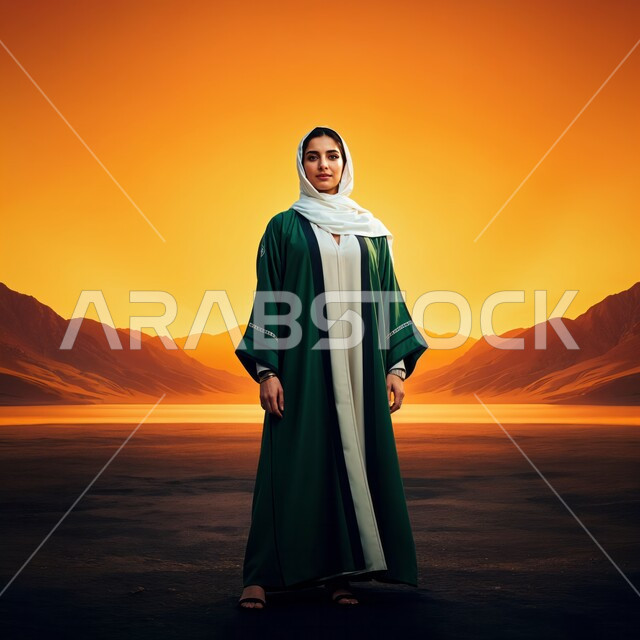 مفهوم الأنوثة والنعومة والاهتمام بالمظهر الخارجي، أزياء محجبات عصرية راقية، شابة عربية خليجية سعودية محجبة مبتسمة تضع غطاء الرأس ترتدي العباءة تنظر الى الكاميرا بإيماءات السرور والثقة بالنفس، صورة الجسم بالطول الكامل، خلفية الصحراء وقت الغروب