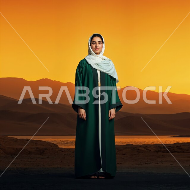 مفهوم الأنوثة والنعومة والاهتمام بالمظهر الخارجي، أزياء محجبات عصرية راقية، شابة عربية خليجية سعودية محجبة مبتسمة تضع غطاء الرأس ترتدي العباءة تنظر الى الكاميرا بإيماءات السرور والثقة بالنفس، صورة الجسم بالطول الكامل، خلفية الصحراء وقت الغروب