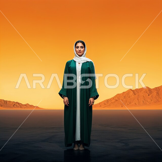 مفهوم الأنوثة والنعومة والاهتمام بالمظهر الخارجي، أزياء محجبات عصرية راقية، شابة عربية خليجية سعودية محجبة مبتسمة تضع غطاء الرأس ترتدي العباءة تنظر الى الكاميرا بإيماءات السرور والثقة بالنفس، صورة الجسم بالطول الكامل، خلفية الصحراء وقت الغروب