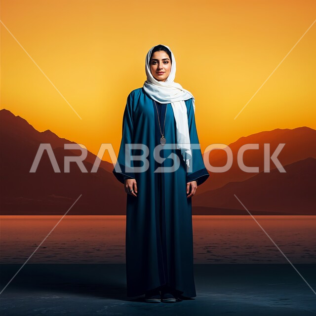 مفهوم الأنوثة والنعومة والاهتمام بالمظهر الخارجي، أزياء محجبات عصرية راقية، شابة عربية خليجية سعودية محجبة مبتسمة تضع غطاء الرأس ترتدي العباءة تنظر الى الكاميرا بإيماءات السرور والثقة بالنفس، صورة الجسم بالطول الكامل، خلفية الصحراء وقت الغروب