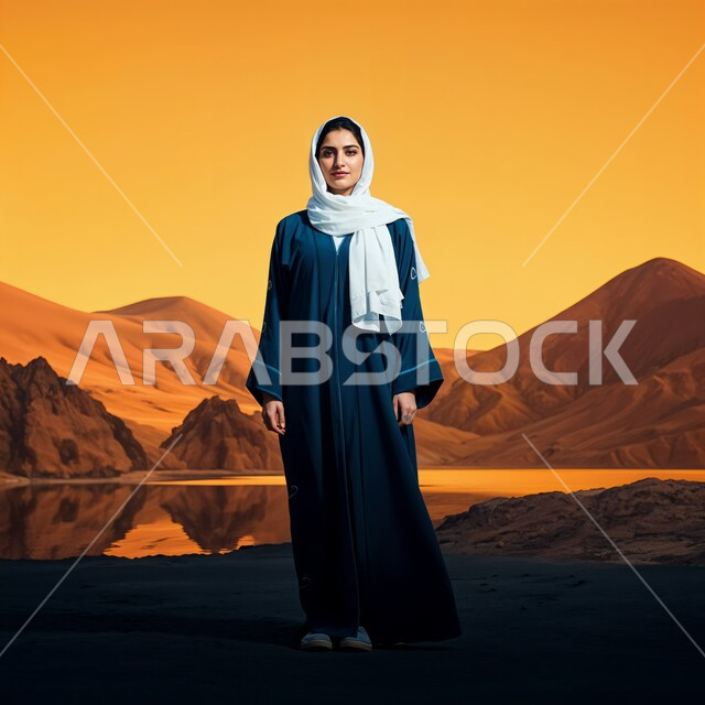 مفهوم الأنوثة والنعومة والاهتمام بالمظهر الخارجي، أزياء محجبات عصرية راقية، شابة عربية خليجية سعودية محجبة مبتسمة تضع غطاء الرأس ترتدي العباءة تنظر الى الكاميرا بإيماءات السرور والثقة بالنفس، صورة الجسم بالطول الكامل، خلفية الصحراء وقت الغروب