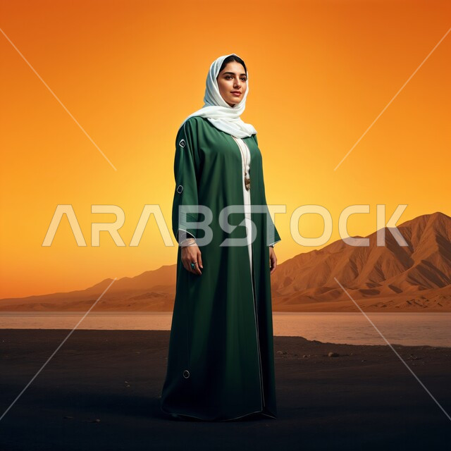 أزياء محجبات عصرية راقية، مفهوم الأنوثة والنعومة والاهتمام بالمظهر الخارجي، شابة عربية خليجية سعودية محجبة مبتسمة تضع غطاء الرأس ترتدي العباءة تقف باستقامة، إيماءات السرور والثقة بالنفس، صورة الجسم بالطول الكامل، خلفية الصحراء وقت الغروب