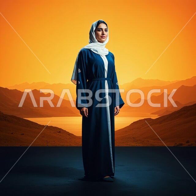 أزياء محجبات عصرية راقية، مفهوم الأنوثة والنعومة والاهتمام بالمظهر الخارجي، شابة عربية خليجية سعودية محجبة مبتسمة تضع غطاء الرأس ترتدي العباءة تقف باستقامة، إيماءات السرور والثقة بالنفس، صورة الجسم بالطول الكامل، خلفية الصحراء وقت الغروب