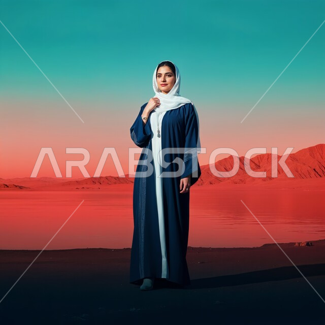 Attention to elegance and appearance, modern and elegant veiled fashion, the concept of femininity and softness, a smiling veiled Saudi Arabian Gulf young woman wearing a headscarf, abaya, standing straight, gestures of pleasure and self-confidence, full-length body image, desert background