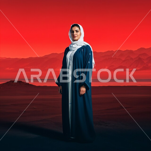 الاهتمام بالأناقة و المظهر الخارجي، أزياء محجبات عصرية راقية، مفهوم الأنوثة والنعومة، شابة عربية خليجية سعودية محجبة مبتسمة تضع غطاء الرأس ترتدي العباءة تقف باستقامة تنظر الى الكاميرا بإيماءات السرور والثقة بالنفس، صورة الجسم بالطول الكامل، خلفية الصحراء