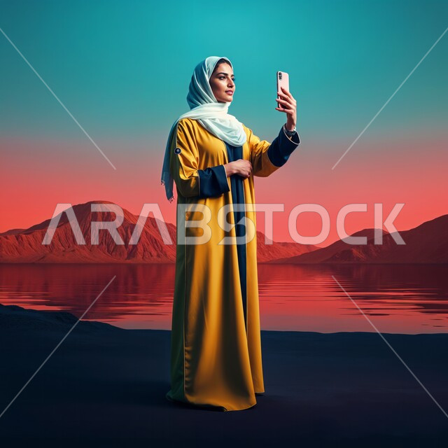 التقاط صور السيلفي التذكارية، الاهتمام بالأناقة و المظهر الخارجي، أزياء محجبات عصرية راقية، شابة عربية خليجية سعودية محجبة مبتسمة تضع غطاء الرأس ترتدي العباءة الصفراء تمسك بيدها جهاز الهاتف المحمول، صورة الجسم بالطول الكامل، خلفية الصحراء