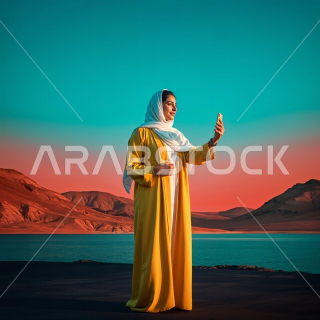 التقاط صور السيلفي التذكارية، الاهتمام بالأناقة و المظهر الخارجي، أزياء محجبات عصرية راقية، شابة عربية خليجية سعودية محجبة مبتسمة تضع غطاء الرأس ترتدي العباءة الصفراء تمسك بيدها جهاز الهاتف المحمول، صورة الجسم بالطول الكامل، خلفية الصحراء