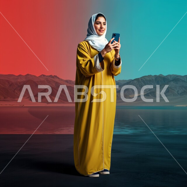 التقاط صور السيلفي التذكارية، الاهتمام بالأناقة و المظهر الخارجي، أزياء محجبات عصرية راقية، شابة عربية خليجية سعودية محجبة مبتسمة تضع غطاء الرأس ترتدي العباءة الصفراء تمسك بيدها جهاز الهاتف المحمول، صورة الجسم بالطول الكامل، خلفية الصحراء