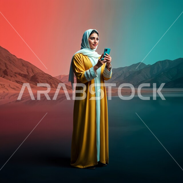 التقاط صور السيلفي التذكارية، الاهتمام بالأناقة و المظهر الخارجي، أزياء محجبات عصرية راقية، شابة عربية خليجية سعودية محجبة مبتسمة تضع غطاء الرأس ترتدي العباءة الصفراء تمسك بيدها جهاز الهاتف المحمول، صورة الجسم بالطول الكامل، خلفية الصحراء