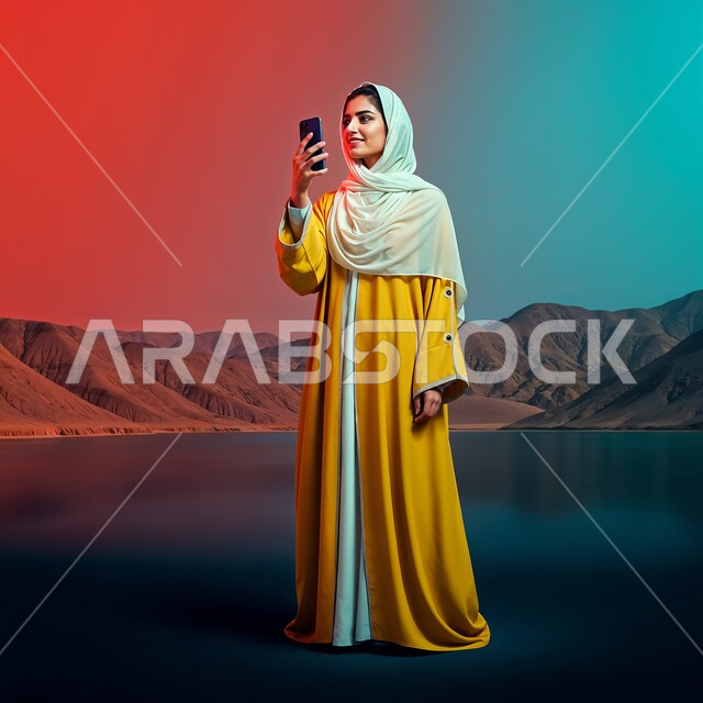 التقاط صور السيلفي التذكارية، الاهتمام بالأناقة و المظهر الخارجي، أزياء محجبات عصرية راقية، شابة عربية خليجية سعودية محجبة مبتسمة تضع غطاء الرأس ترتدي العباءة الصفراء تمسك بيدها جهاز الهاتف المحمول، صورة الجسم بالطول الكامل، خلفية الصحراء
