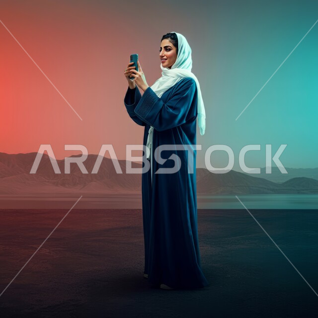 إجراء مكالمة فيديو، التقاط صور السيلفي التذكارية، الاهتمام بالأناقة و المظهر الخارجي، أزياء محجبات عصرية راقية، شابة عربية خليجية سعودية محجبة مبتسمة تضع غطاء الرأس ترتدي العباءة الزرقاء تمسك بيدها جهاز الهاتف المحمول، صورة الجسم بالطول الكامل، خلفية الصحراء